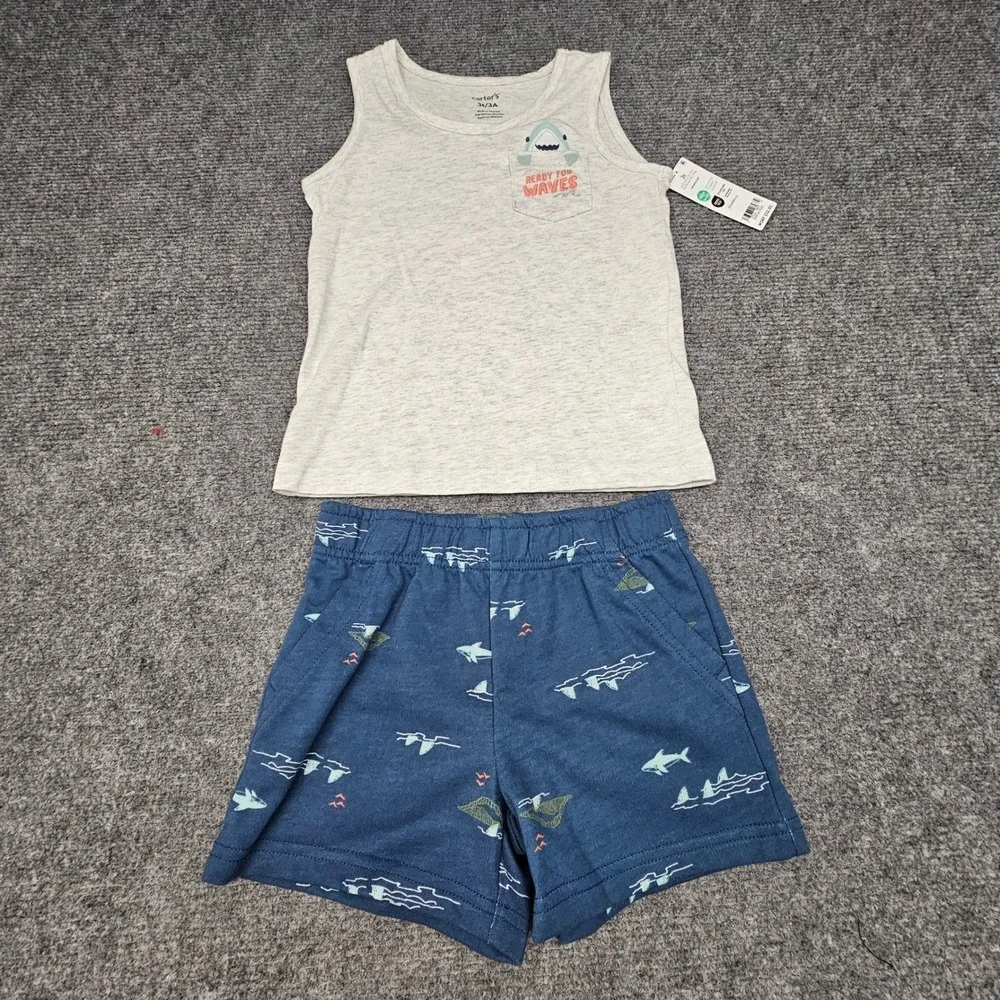 Carter's Boys‎ 2pc Outfit Shark Tank Top Shorts Set Gray Blue 3T
